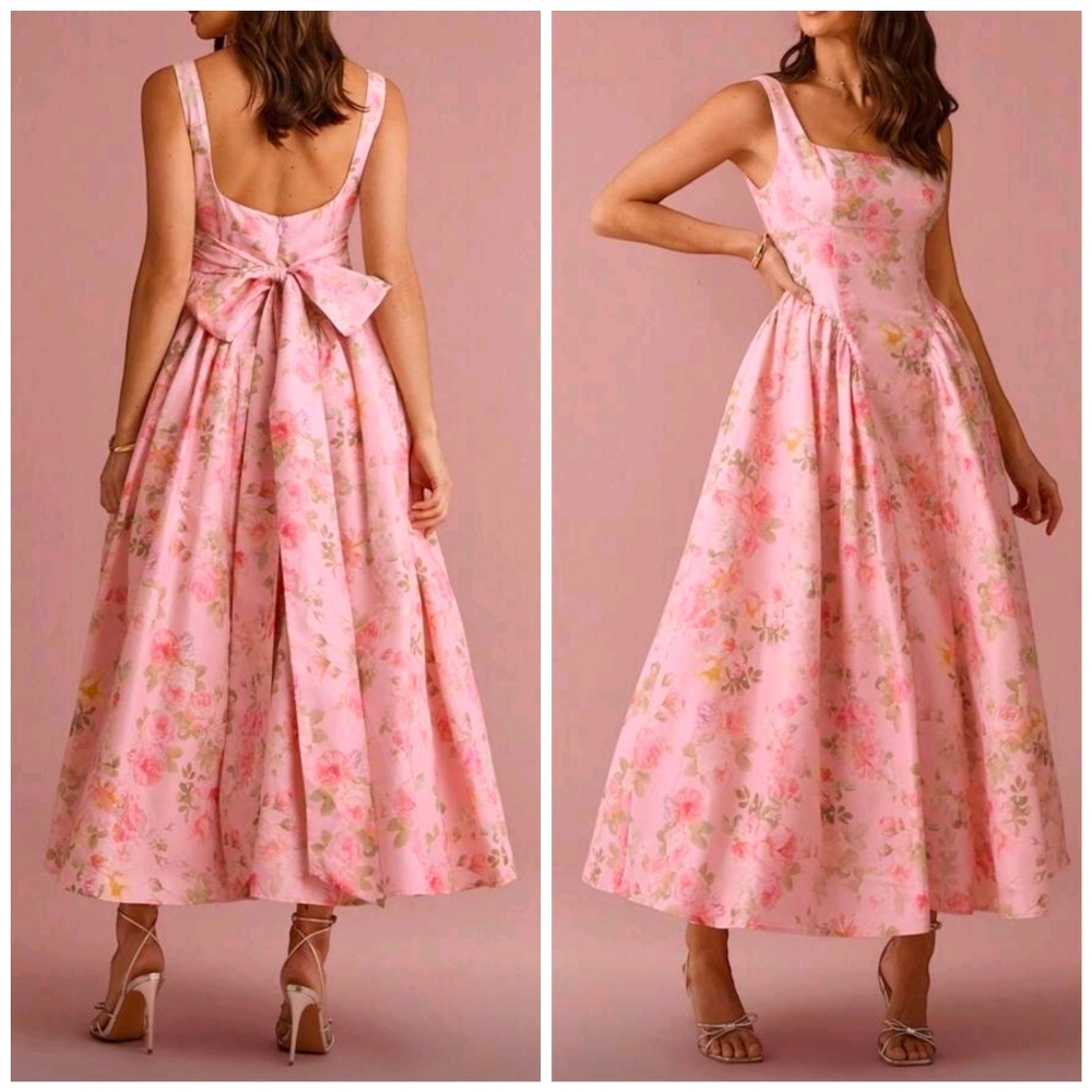 New Flirty Floral Tie Back Basque Waist Full Midi Dress Pink Green Yellow